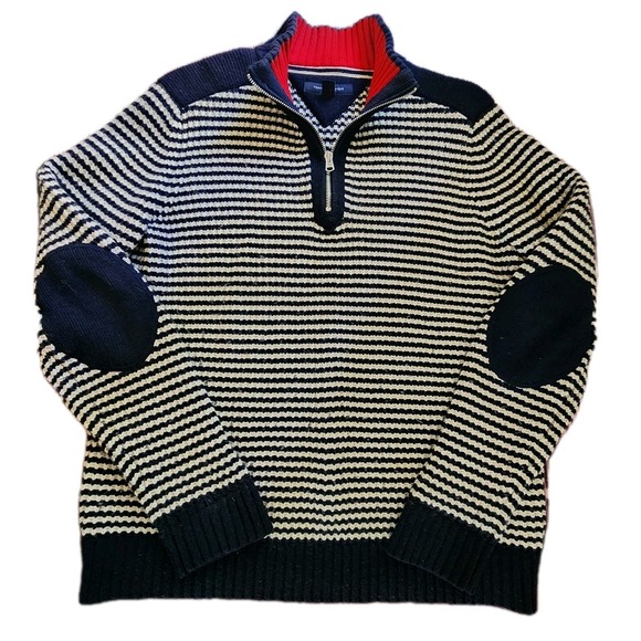 Tommy Hilfiger M Sweater 1/4‎ Zip Stripe Elbow Patch 90s Preppy Sailing Tennis - Picture 1 of 11